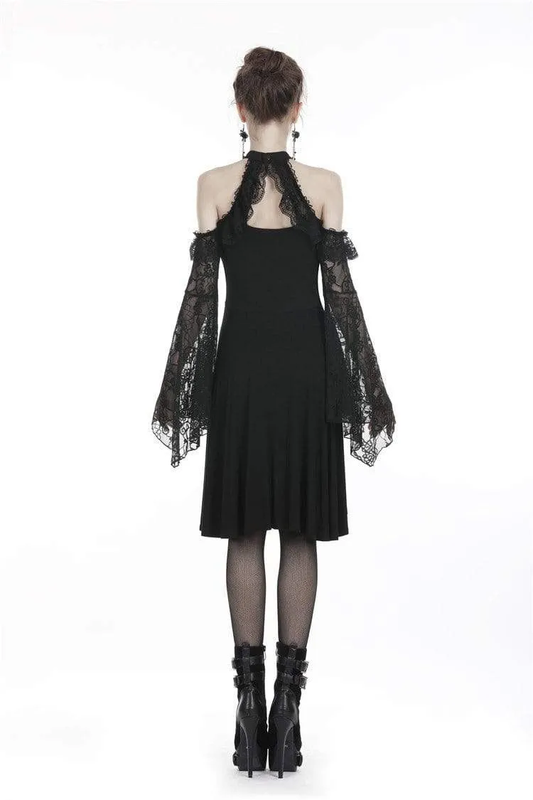 Women's Goth Off-Shoulder Lace Black Little Dress With Flare Sleeves