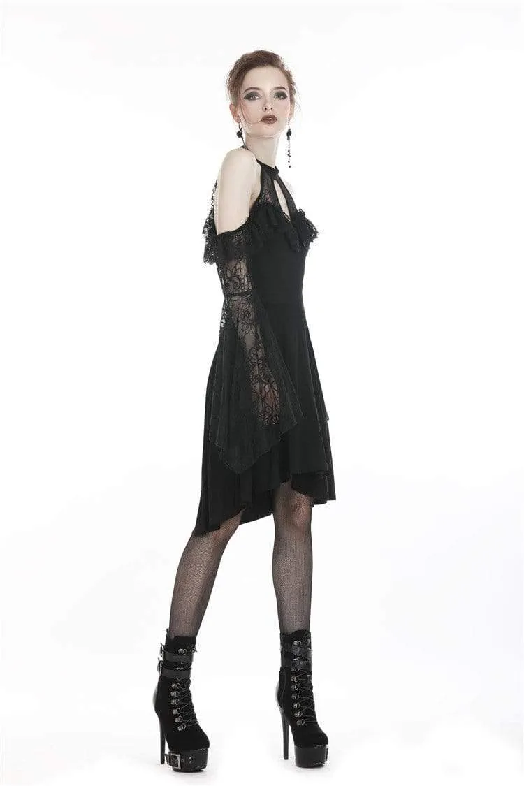 Women's Goth Off-Shoulder Lace Black Little Dress With Flare Sleeves