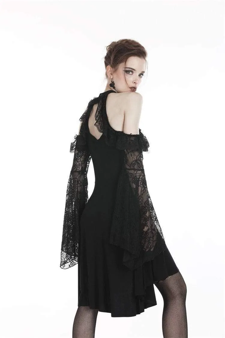 Women's Goth Off-Shoulder Lace Black Little Dress With Flare Sleeves