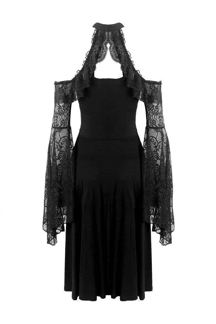 Women's Goth Off-Shoulder Lace Black Little Dress With Flare Sleeves