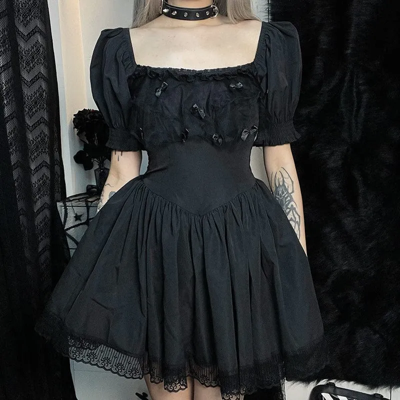 Women's Gothic Bowknot Puff Sleeved Black Little Dress