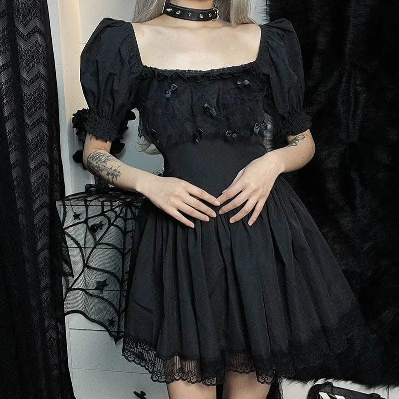 Women's Gothic Bowknot Puff Sleeved Black Little Dress