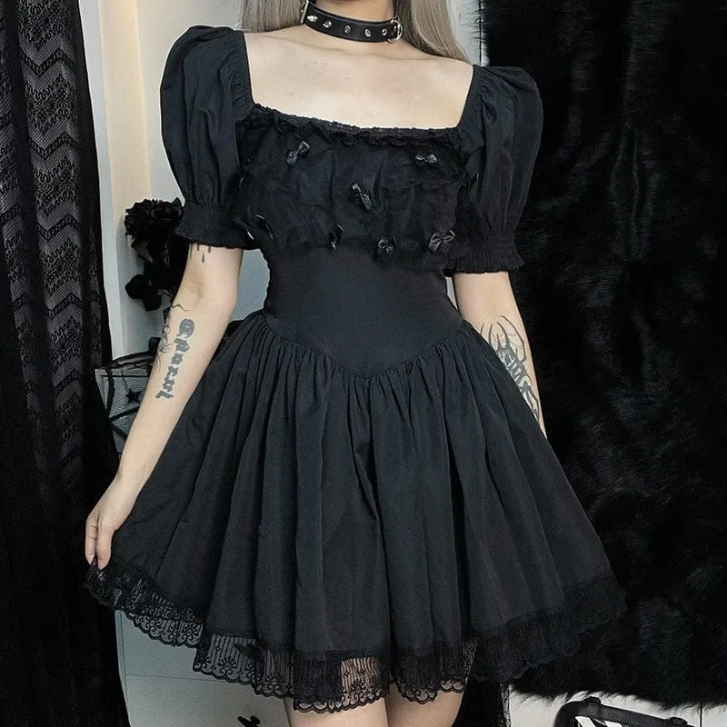 Women's Gothic Bowknot Puff Sleeved Black Little Dress