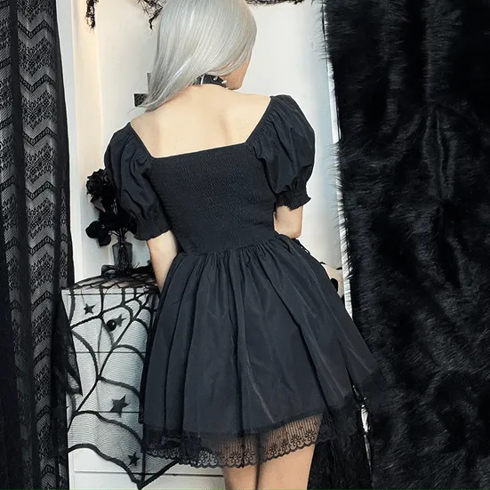 Women's Gothic Bowknot Puff Sleeved Black Little Dress