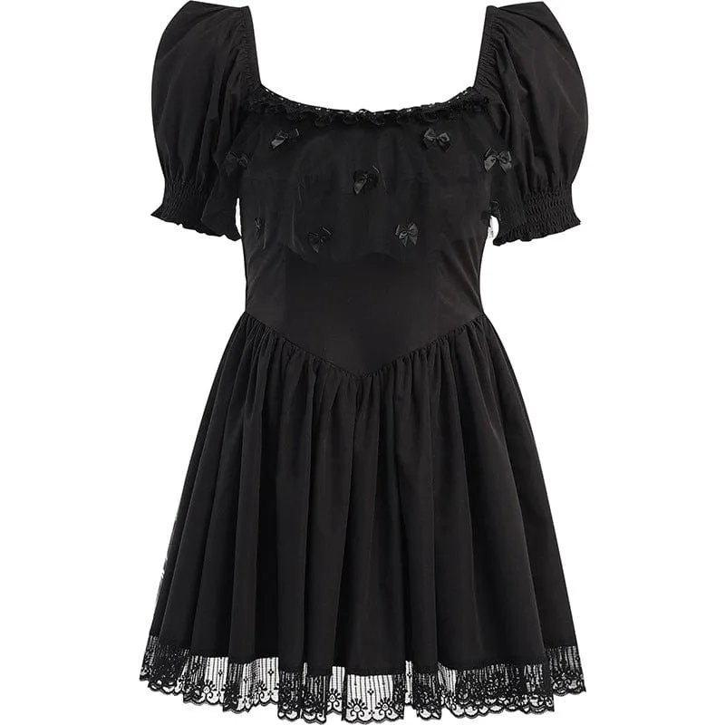 Women's Gothic Bowknot Puff Sleeved Black Little Dress