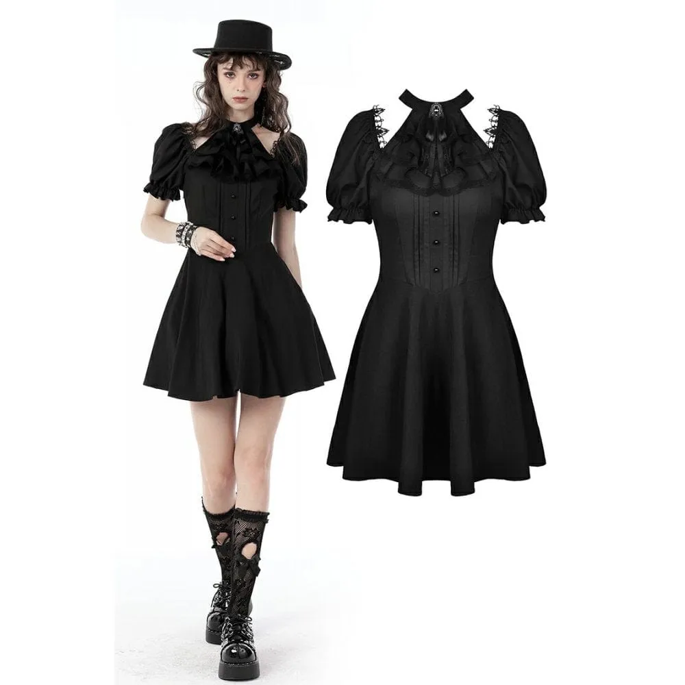 Women's Gothic Cutout Puff Sleeved Black Little Dress