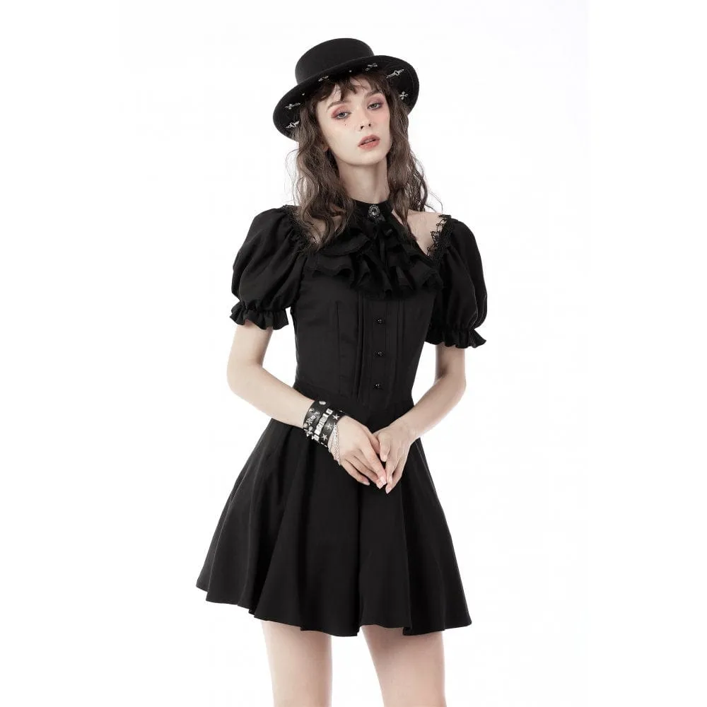 Women's Gothic Cutout Puff Sleeved Black Little Dress