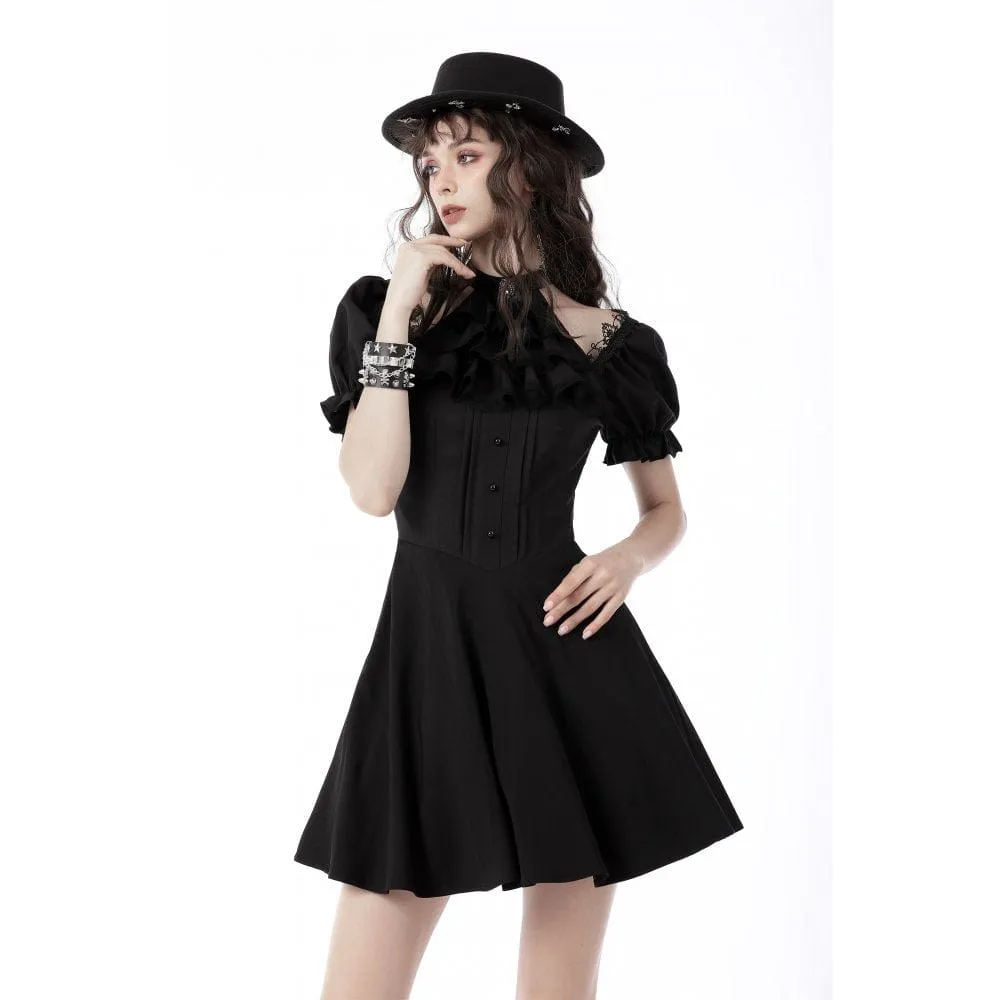 Women's Gothic Cutout Puff Sleeved Black Little Dress