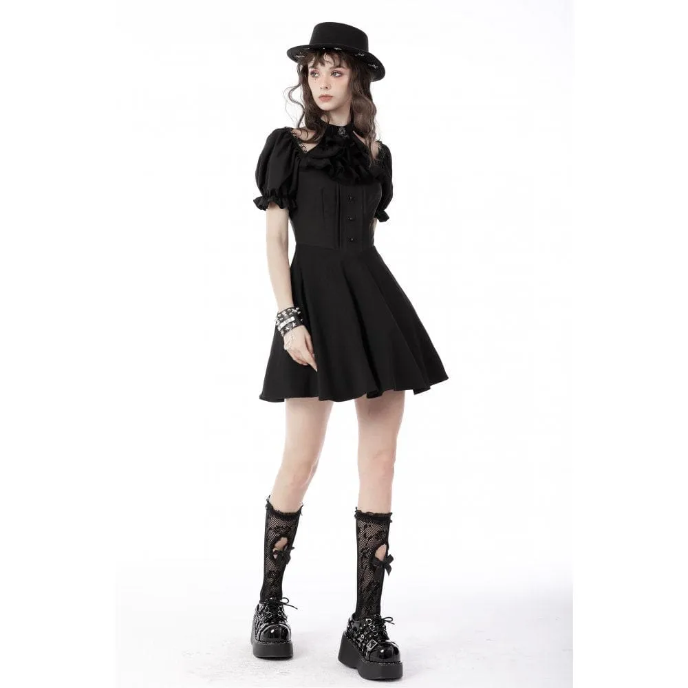 Women's Gothic Cutout Puff Sleeved Black Little Dress