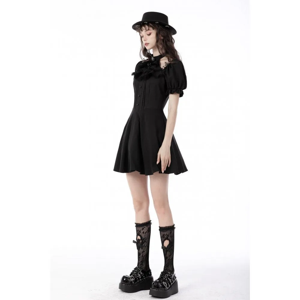 Women's Gothic Cutout Puff Sleeved Black Little Dress