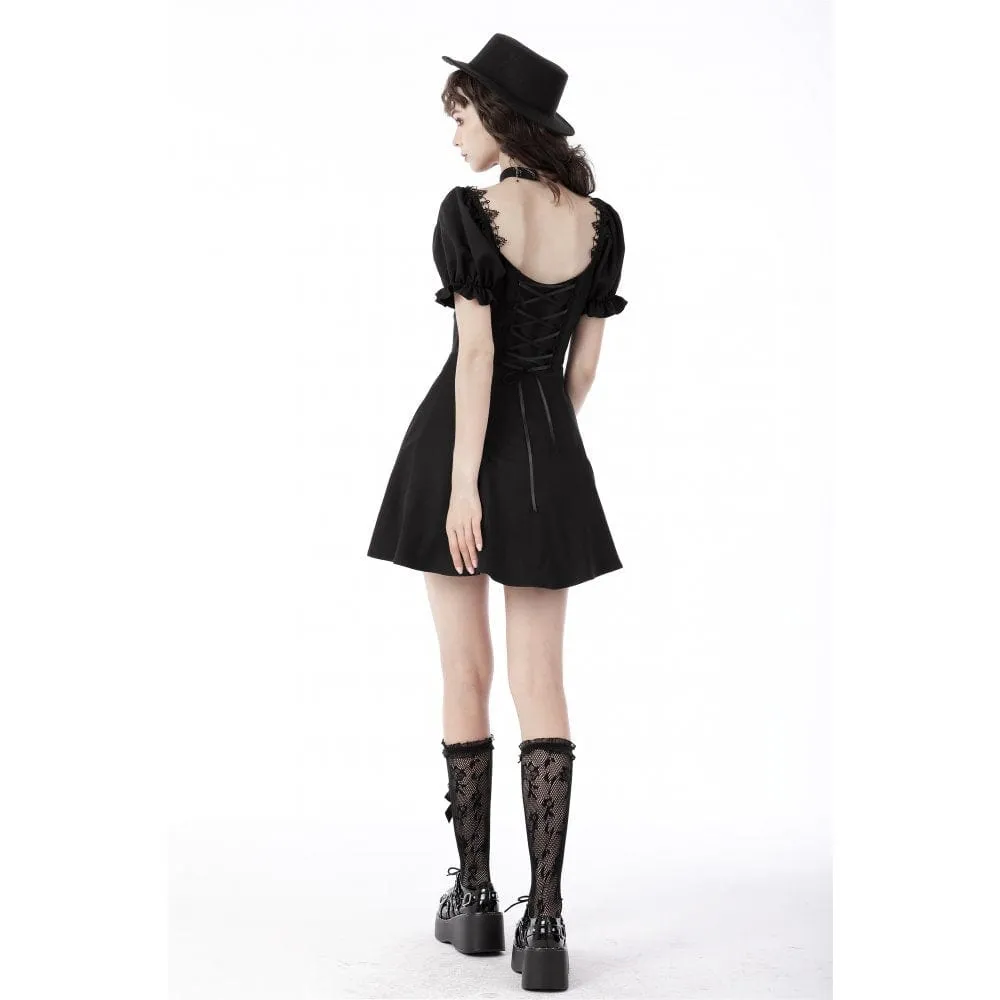 Women's Gothic Cutout Puff Sleeved Black Little Dress