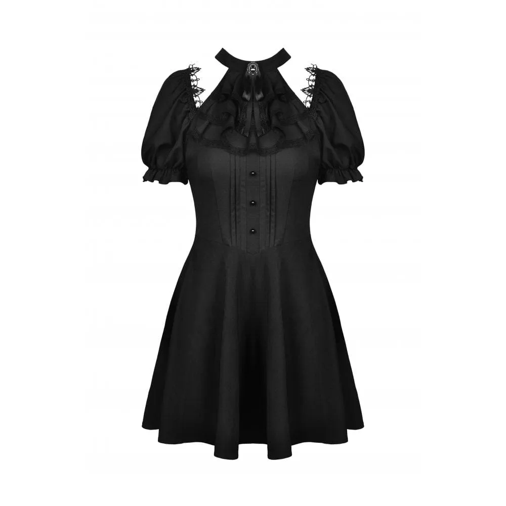 Women's Gothic Cutout Puff Sleeved Black Little Dress