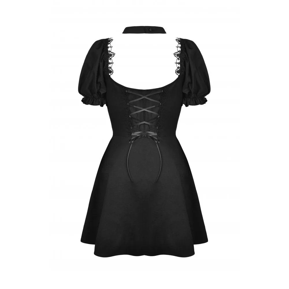 Women's Gothic Cutout Puff Sleeved Black Little Dress