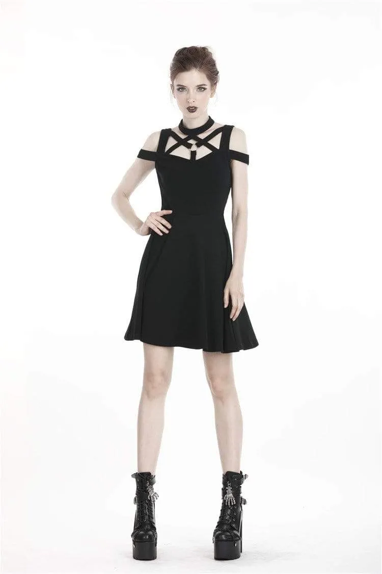 Women's Punk Crisscross Off-Shoulder Black Little Dress