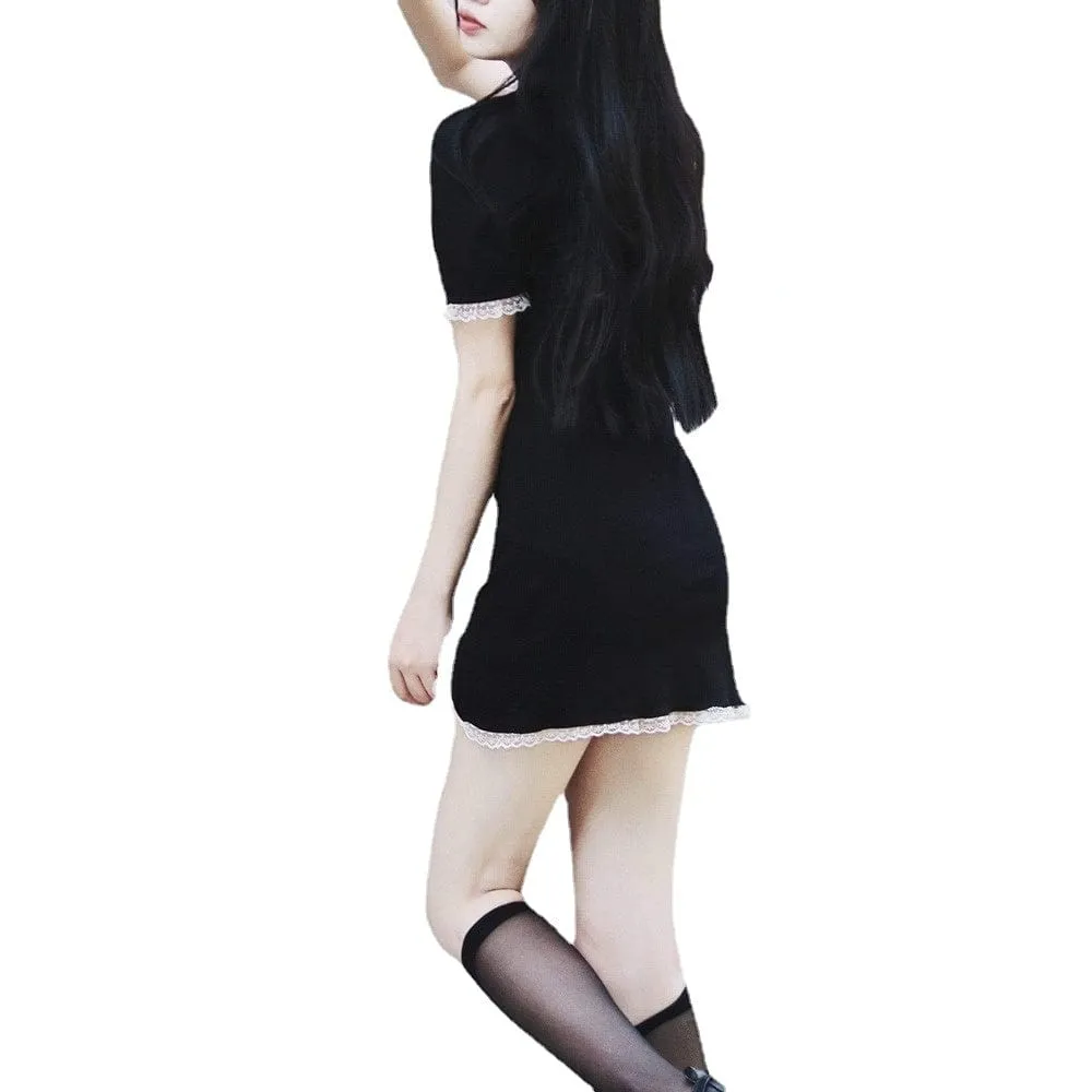 Women's Punk Grunge Side Slit Lace Hem Black Little Dress