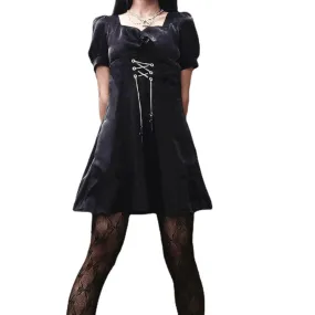 Women's Punk Puff Sleeved Square Collar Black Little Dress with Cross Chain