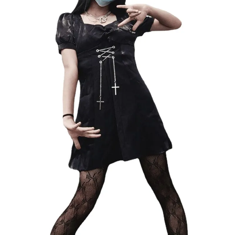 Women's Punk Puff Sleeved Square Collar Black Little Dress with Cross Chain