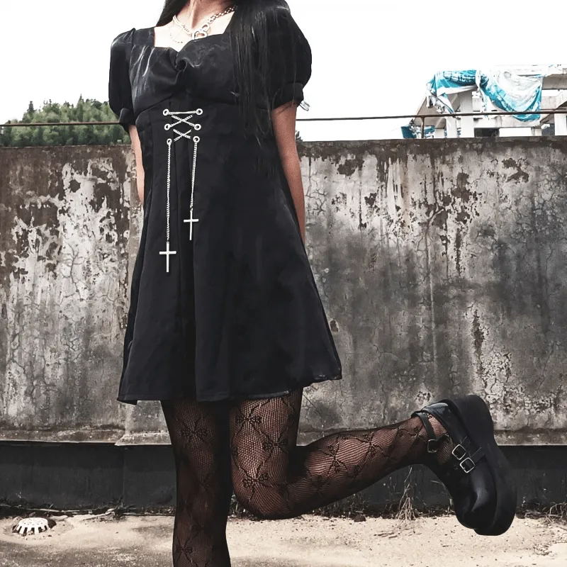 Women's Punk Puff Sleeved Square Collar Black Little Dress with Cross Chain