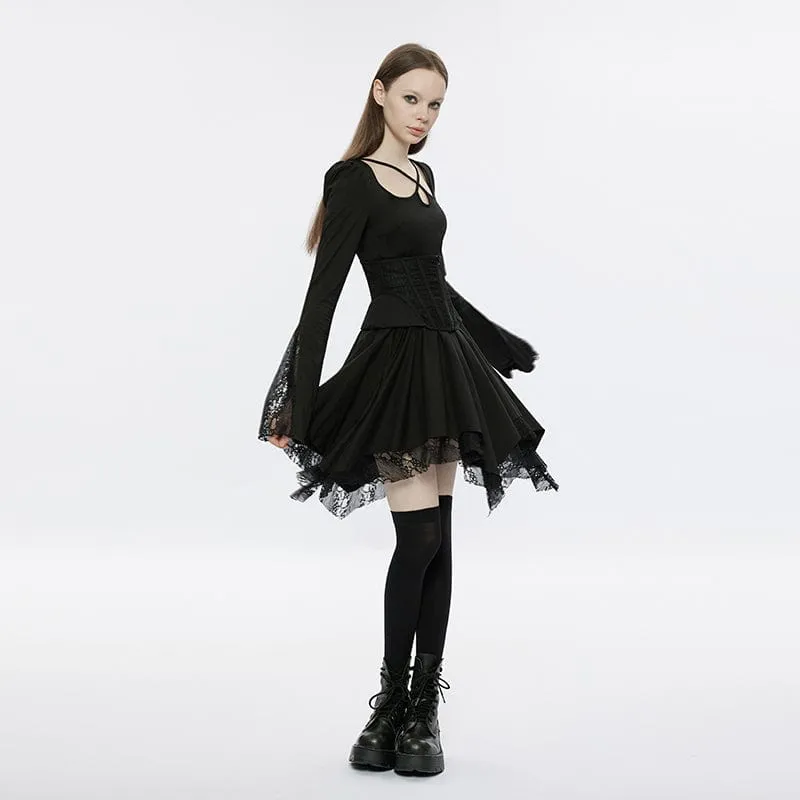 Women's Punk Square Collar Flare Sleeved Black Little Dress