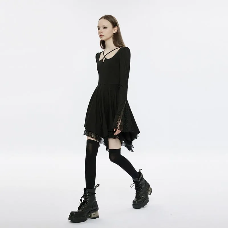 Women's Punk Square Collar Flare Sleeved Black Little Dress