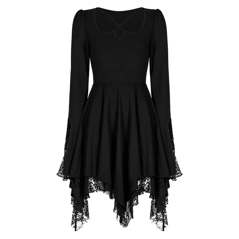 Women's Punk Square Collar Flare Sleeved Black Little Dress